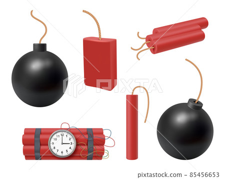 Dynamite stick. Realistic bombs firecracker fire explosion dangerous weapons decent vector pictures set 85456653