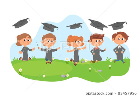 Graduation kids background. Happy successful student, academic hats flying. Cute graduated children, jumping cartoon boy girl in green valley decent vector concept 85457956