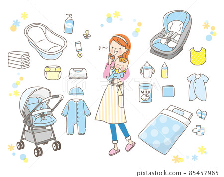 嬰兒用品和抱著嬰兒的媽媽 85457965