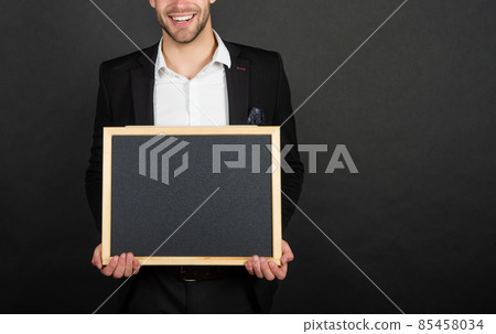 A better place to think about education. Happy guy crop view hold blackboard. Professional education A better place to think about education. Happy guy crop view hold blackboard. Professional education 85458034