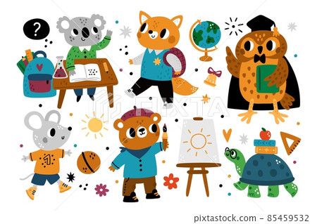 Cute school animals. Kids cartoon characters with educational supplies. Students study or paint. Wise owl in mantle. Turtle with books. Mouse play with soccer ball. Vector creatures set Cute school animals. Kids cartoon characters with educational supplies. Students study or paint. Wise owl in mantle. Turtle with books. Mouse play with soccer ball. Vector creatures set 85459532
