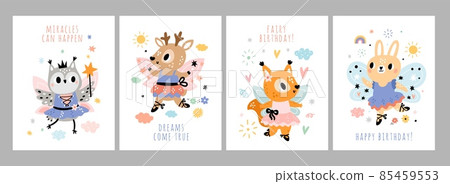 Cute fairy cards. Little animals girls with delicate wings and magic wands. Forest princesses. Ballerina owl and bunny. Cartoon dancing fawn and squirrel. Vector birthday postcards set Cute fairy cards. Little animals girls with delicate wings and magic wands. Forest princesses. Ballerina owl and bunny. Cartoon dancing fawn and squirrel. Vector birthday postcards set 85459553