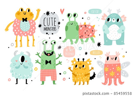 Funny monsters. Cute kids creatures. Fantastic fluffy, toothy and horned cartoon characters. Happy aliens with joyful faces. Childish party decor. Vector adorable bizarre beasts set 85459558