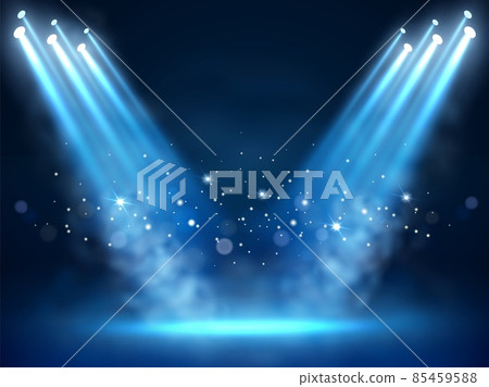 Illuminated stage and blue smoke. Night lightning in fog. Searchlight beams. Presentation 3D platform with mist and spotlight ray. Glowing particles. Scene illumination. Vector background 85459588
