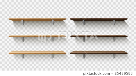 Realistic wooden store shelves. Dark and light timber library racking. 3D hanging wall exhibition stands for product presentation. Empty interior furniture. Vector blank bookshelves set Realistic wooden store shelves. Dark and light timber library racking. 3D hanging wall exhibition stands for product presentation. Empty interior furniture. Vector blank bookshelves set 85459593