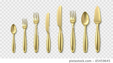 Golden 3d cutlery. Realistic spoons, forks and knives, luxury cutlery, yellow metal top view tableware, serving table dining utensils, restaurant and cafe serving elements vector isolated set 85459645
