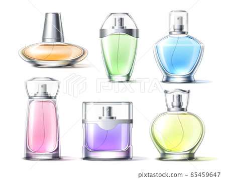 Color perfume in glass bottles. Realistic fragrance packaging design, different shape vials with spray and shaped lids, isolated colognes luxury containers, vector isolated set Color perfume in glass bottles. Realistic fragrance packaging design, different shape vials with spray and shaped lids, isolated colognes luxury containers, vector isolated set 85459647