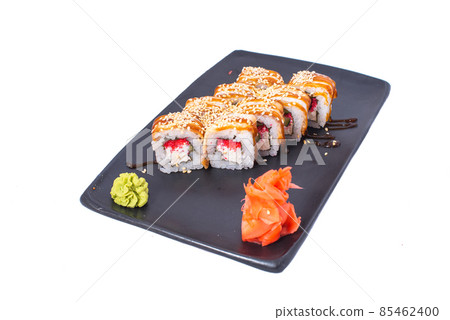 Japanese seafood Sushi roll isolated on white close up. Japanese food restaurant, sushi maki gunkan roll plate or platter set. Maki Sushi rolls with salmon and avocado. Sushi isolated at white Japanese seafood Sushi roll isolated on white close up. Japanese food restaurant, sushi maki gunkan roll plate or platter set. Maki Sushi rolls with salmon and avocado. Sushi isolated at white 85462400