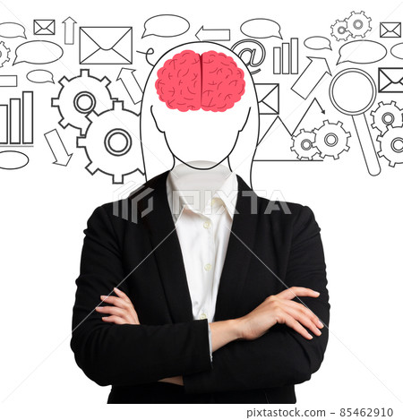 Collage of young woman with drawing of brain in her head and different communication and thought process related icons Collage of young woman with drawing of brain in her head and different communication and thought process related icons 85462910