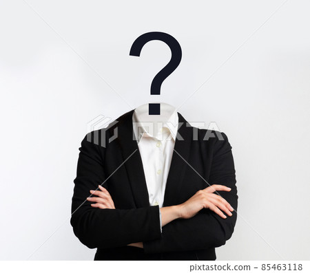 Collage with young woman having big question mark on place of her head ovder white studio background Collage with young woman having big question mark on place of her head ovder white studio background 85463118