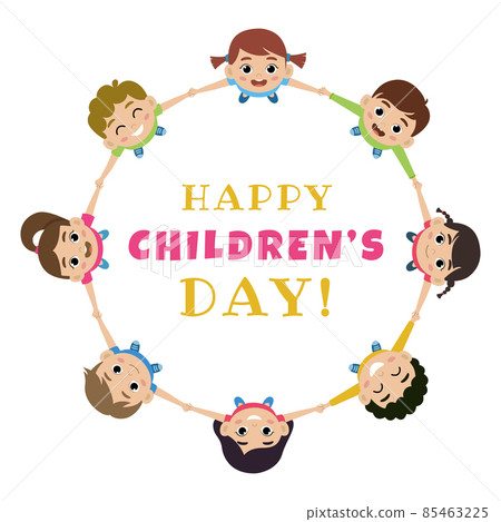 Happy world children's day poster concept. Children smiling and standing on circle 85463225