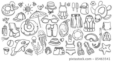 Doodle set of swimming goods for kids. Vector sketch 85463541