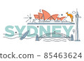 Typography word "Sydney" branding technology concept. Collection of flat vector web icons, culture travel set, famous architectures, specialties detailed silhouette. Australian famous landmark. 85463624