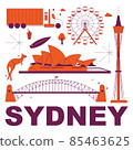 Sydney culture travel set, famous architectures and specialties in flat design. Business travel and tourism concept isolated on white background. Image for presentation, banner, website, app, advert 85463625
