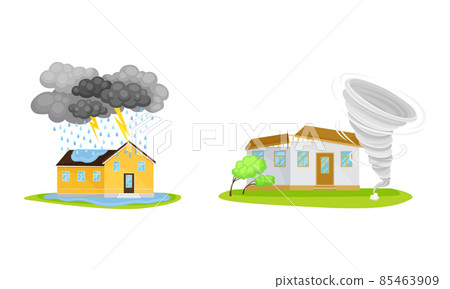 Natural Cataclysms with Thunderstorm and Tornado Vector Set 85463909
