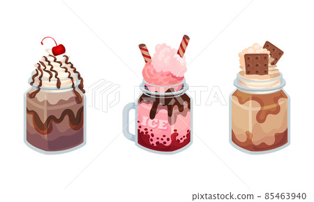 Frozen Dessert with Sweet Flavor and Cream in Glass Jar Vector Set Frozen Dessert with Sweet Flavor and Cream in Glass Jar Vector Set 85463940