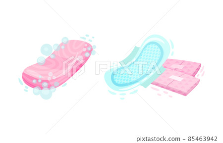 Soap Bar with Foam and Sanitary Towel Vector Set. Soap Bar with Foam and Sanitary Towel Vector Set. 85463942