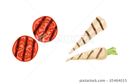 Grilled Tomato and Parsnip as Cooked Food Vector Set 85464015