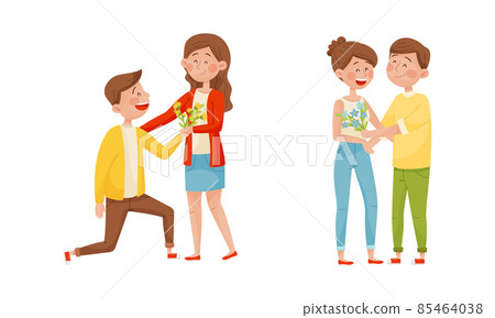Young Man Kneeling and Giving Bouquet of Flowers to Happy Woman Vector Set Young Man Kneeling and Giving Bouquet of Flowers to Happy Woman Vector Set 85464038