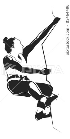 Woman climb on cliff. Mountain climbing sport symbol 85464496