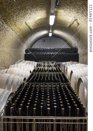 Wine cellars with barrels, traditional wine called Bikaver near Eger, Hungary 85465121
