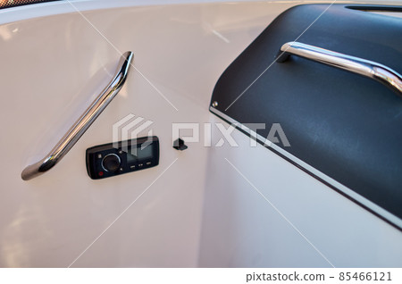 Image of the interior of a small transport motorboat. 85466121