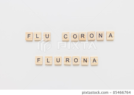 Text Flu Corona FLURONA on white background. COVID and flu double infection concept Text Flu Corona FLURONA on white background. COVID and flu double infection concept 85466764