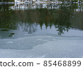 A view of the opposite bank reflected in a pond covered with thin ice 85468899
