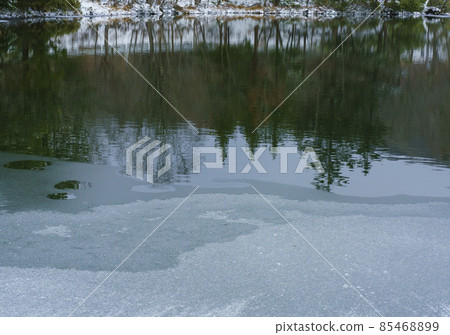 對岸的景色倒映在覆蓋著薄冰的池塘中 85468899