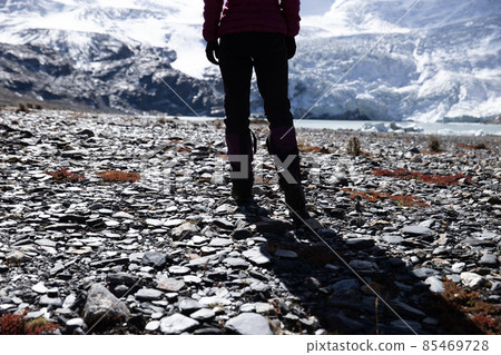Woman hiking in winter high altitude mountains Woman hiking in winter high altitude mountains 85469728