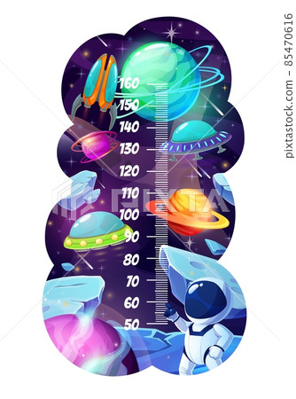 Kids height chart with astronaut and galaxy planets. Growth meter with cartoon space, spaceship, UFO flying saucer and spaceman, stars and meteors, children growth measuring wall vector sticker Kids height chart with astronaut and galaxy planets. Growth meter with cartoon space, spaceship, UFO flying saucer and spaceman, stars and meteors, children growth measuring wall vector sticker 85470616
