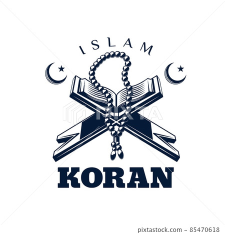 Koran book isolated vector icon, Muslim religion. Quran holy book and Islam prayer beads on rehal wood rest symbol with Muslim crescent moon and stars, Ramadan Kareem holiday design 85470618