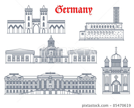 Germany architecture, Potsdam landmarks, palaces and churches, travel vector buildings. Friedenskirche Church of Peace, Alexander Nevsky Memorial, Potsdamer Stadtschloss, Marmorpalais and Nauener Tor 85470619