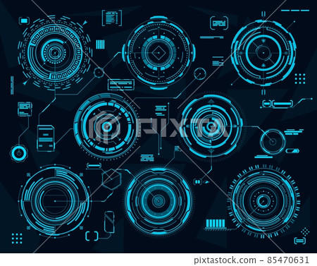 HUD futuristic circular interface. Visual data vector graphs, Sci Fi web panels, technology. HUD infographic elements with digital chart or virtual display dashboard controls, aim target 85470631