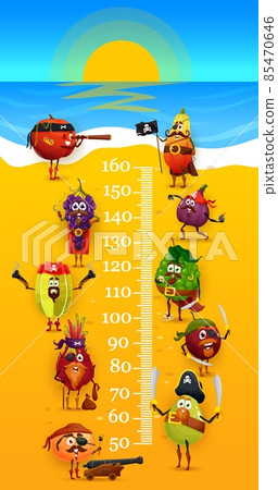 Kids height chart pirate and corsair fruits on beach growth meter ruler. Cartoon vector wall sticker with cute characters orange, plum, papaya and bergamot with grapes, star or dragon fruit heroes 85470646