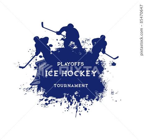 Ice hockey sport grunge vector poster with hockey players, sticks and pucks, goal gate and net blue silhouettes. Ice hockey game team with play equipment and uniform, paint splashes and splatters 85470647