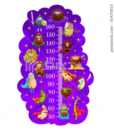 Kids height chart. Nuts superhero defenders, vector growth meter. Kids size chart tall ruler with cartoon superhero nuts, walnut, hazelnut and peanut, almond, pistachio, bean in power capes and swords 85470653