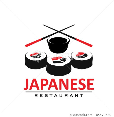 Japanese cuisine restaurant icon with rolls, soy sauce and sticks. Asian country food restaurant, japanese cafe vector emblem, icon with Hosomaki sushi rolls and crossed chopsticks Japanese cuisine restaurant icon with rolls, soy sauce and sticks. Asian country food restaurant, japanese cafe vector emblem, icon with Hosomaki sushi rolls and crossed chopsticks 85470680
