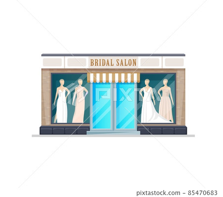 Bridal salon shop building. Vector wedding store facade wide showcase and mannequins in white dresses. Fashion boutique front window with models in vitrine. Fashionable gowns for brides marriage event Bridal salon shop building. Vector wedding store facade wide showcase and mannequins in white dresses. Fashion boutique front window with models in vitrine. Fashionable gowns for brides marriage event 85470683