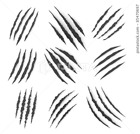 Dragon, bear or tiger claw marks and torn scratches, vector. Cracks form animal claw scratches, wild beast paw marks with sharp fissures texture, damaged breaks and hollow scraps, black on white 85470697