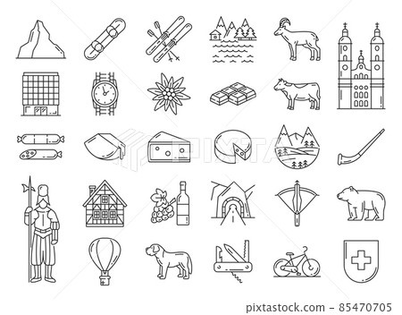 Switzerland travel landmarks and Swiss national symbols, vector icons. Switzerland tourism attraction, sightseeing, Alps and cheese, milk, bear, castles and knife, edelweiss, chocolate and watches 85470705