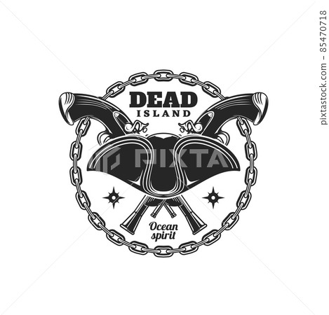 Pirate hat and crossed muskets icon, marine treasure and sailor buccaneers vector sign. Island of dead emblem with filibuster or pirate captain tricorne hat, round ship chain and pistol guns Pirate hat and crossed muskets icon, marine treasure and sailor buccaneers vector sign. Island of dead emblem with filibuster or pirate captain tricorne hat, round ship chain and pistol guns 85470718