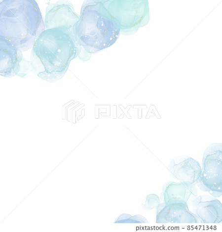 Alcohol ink art abstract background for spring and summer) Soap bubble-like light blue circle with golden glitter square banner white background 85471348