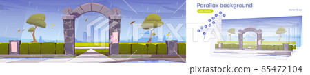 Parallax background stone gates to city park 2d - Stock Illustration ...