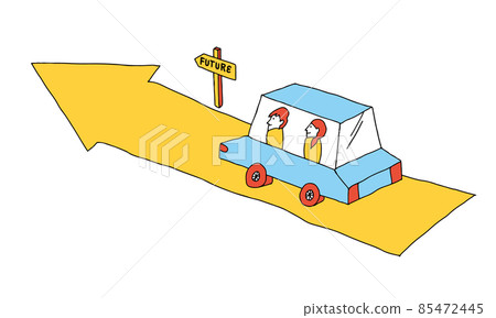 Illustration of two people getting into a car heading for the future Illustration of two people getting into a car heading for the future 85472445