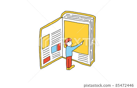 Illustration of a man opening a large book to find out what he is interested in Illustration of a man opening a large book to find out what he is interested in 85472446