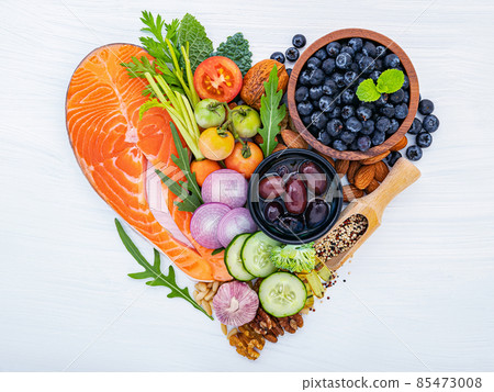 Heart shape of ketogenic low carbs diet concept. Ingredients for healthy foods selection on white wooden background. 85473008