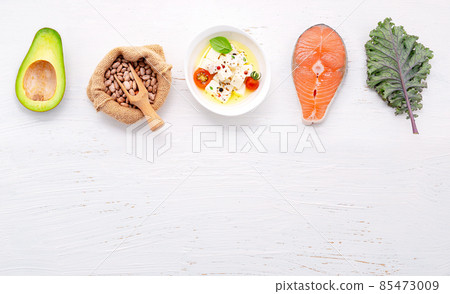 Ketogenic low carbs diet concept. Ingredients for healthy foods selection set up on white concrete background. 85473009