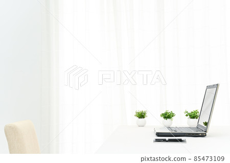 Laptops, writing utensils and foliage plants (ballpoint pen focus) on a white table 85473109