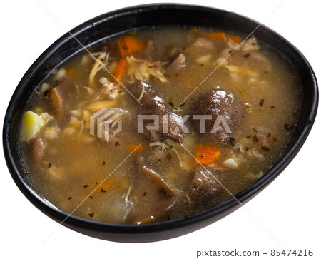 Top view of mushroom soup in bowl on white Top view of mushroom soup in bowl on white 85474216